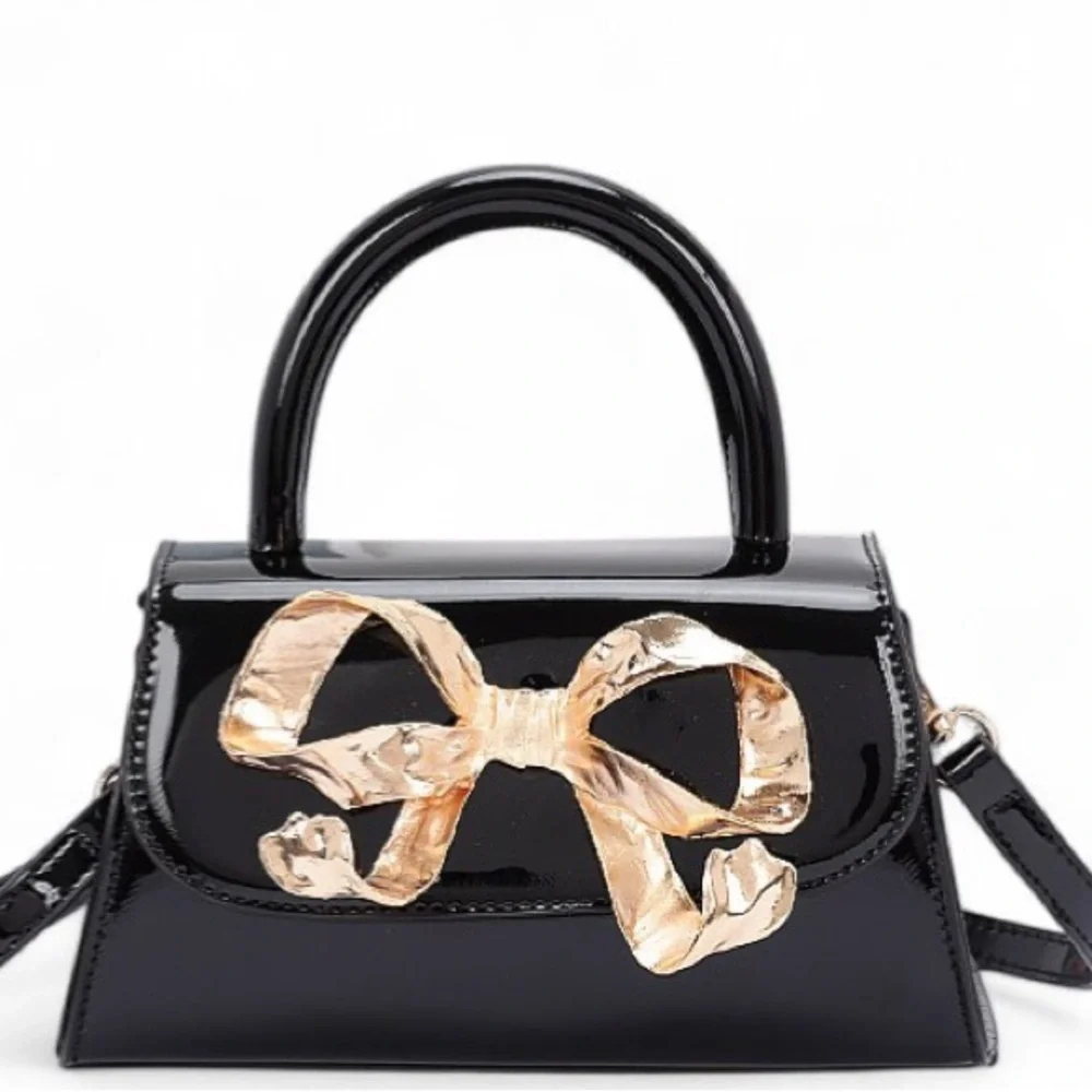 Vegan Patent Leather Gold Bow Top Handle Bag - Red, Black, White